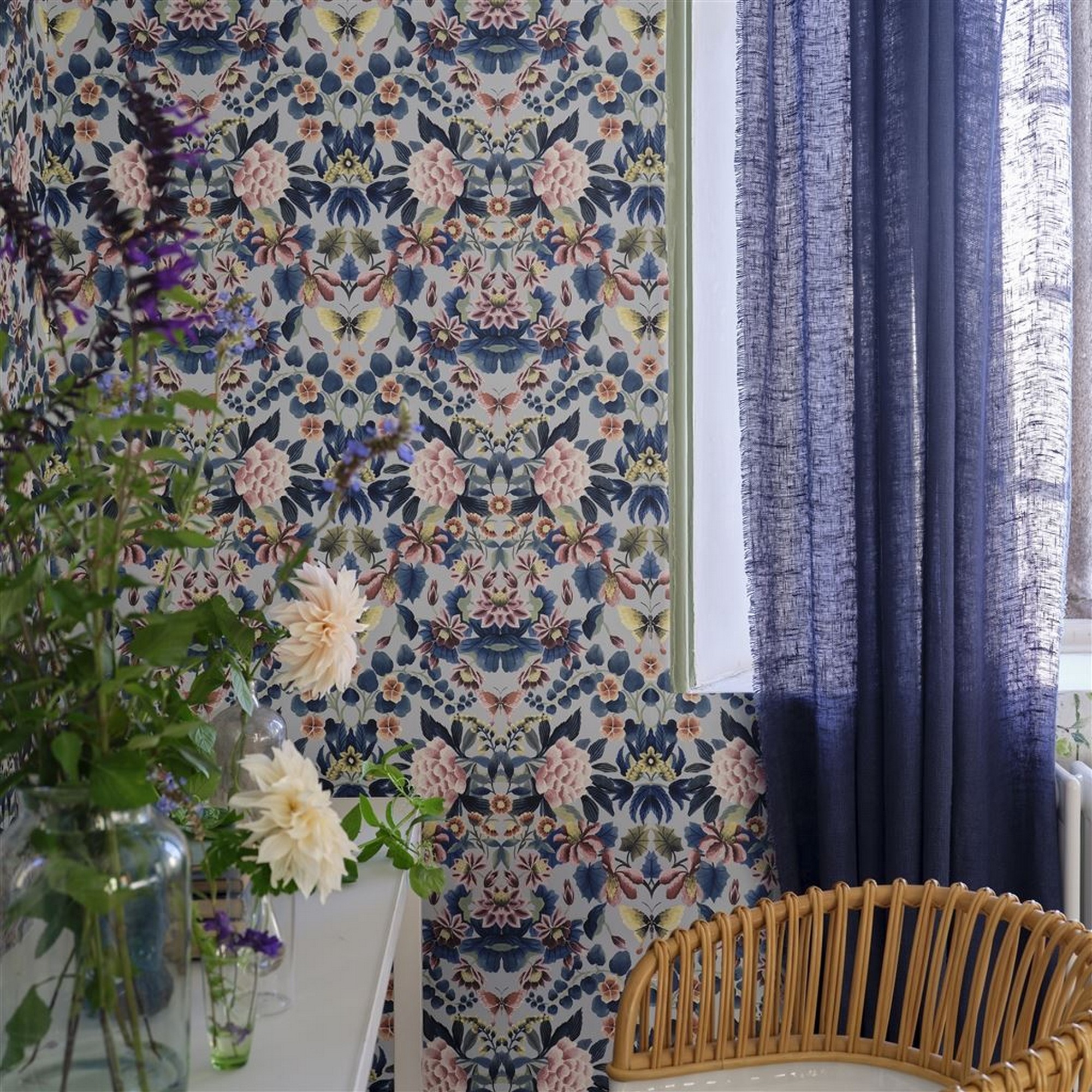 Ikebana Damask Wallpaper Pdg1156 By Designers Guild In Slate Blue Multi